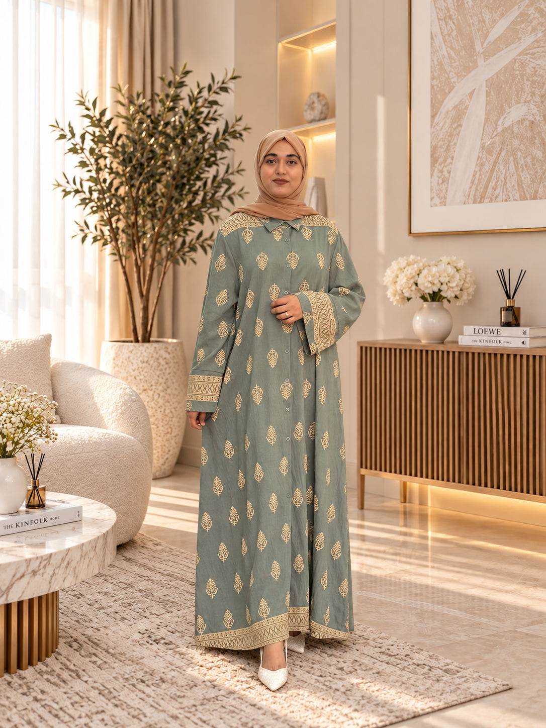 Sage Green Leaf Print Maxi Dress