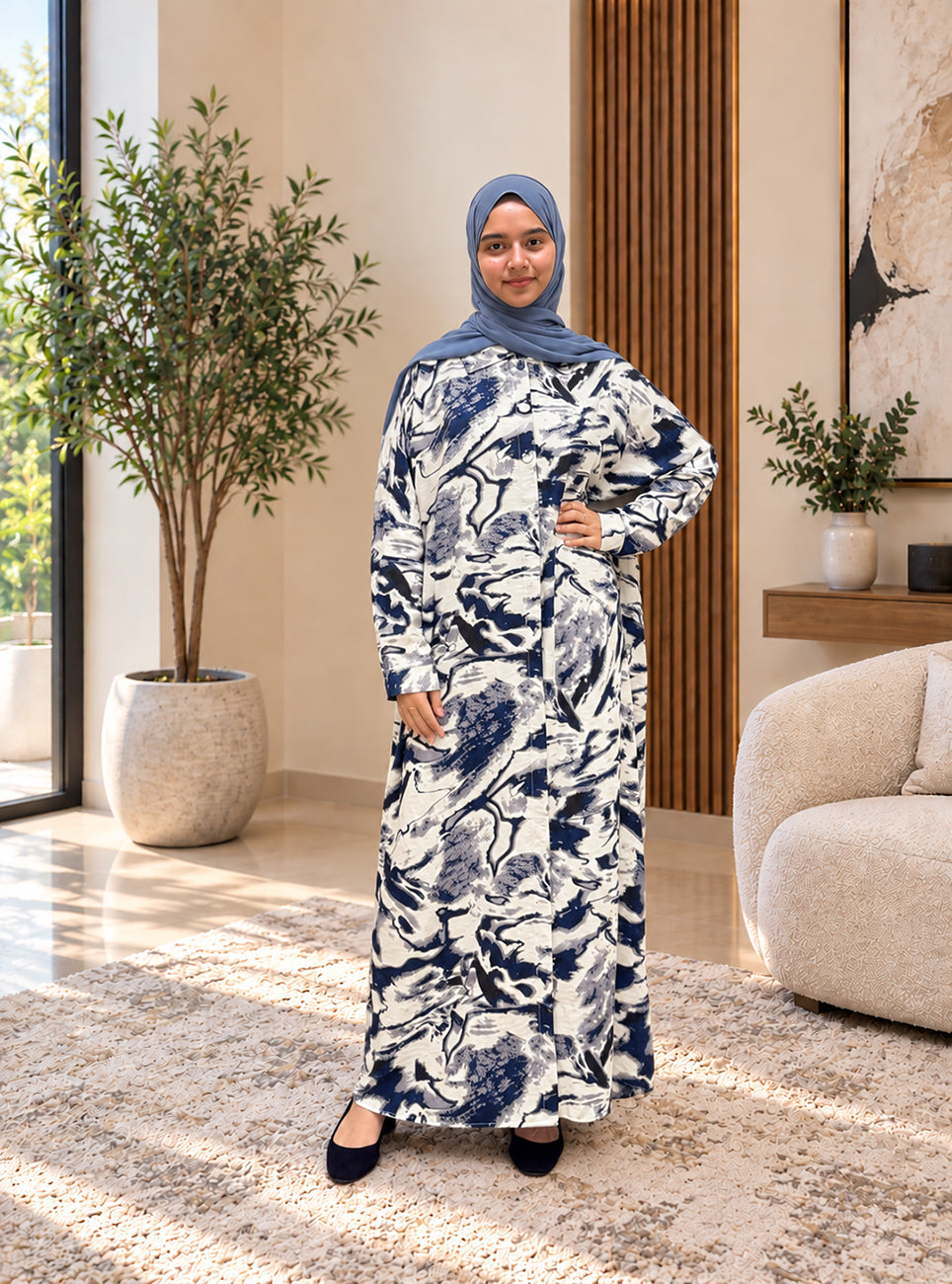 Navy Marble Print Modest Maxi Dress
