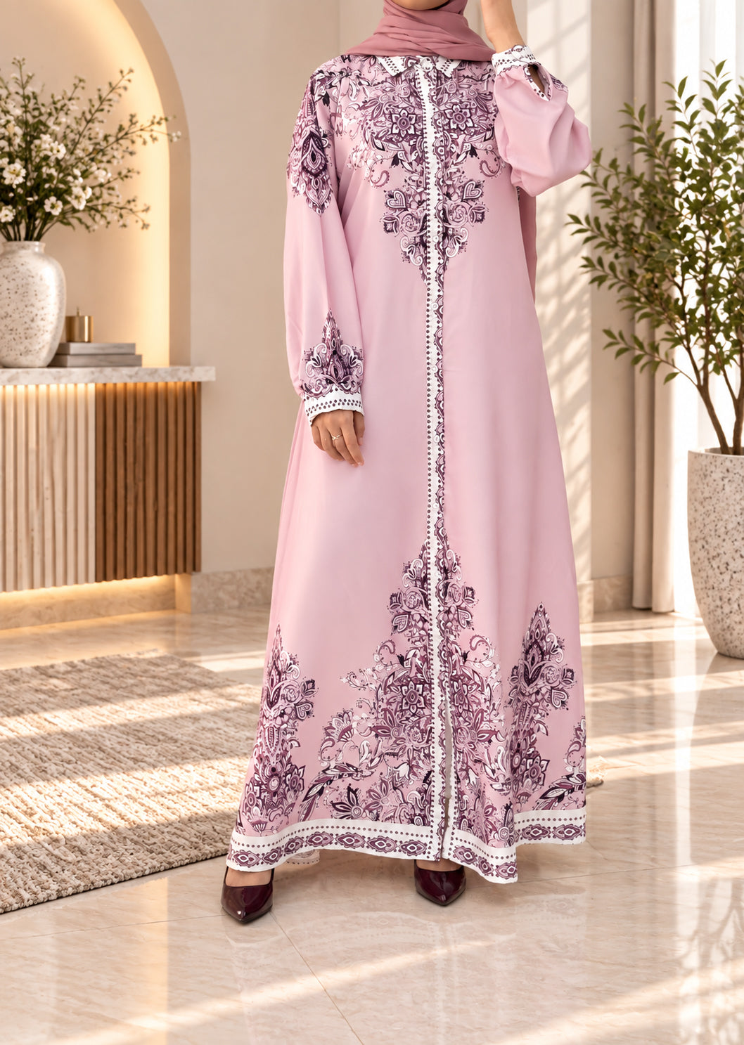 Blush Paisley Printed Maxi Abaya