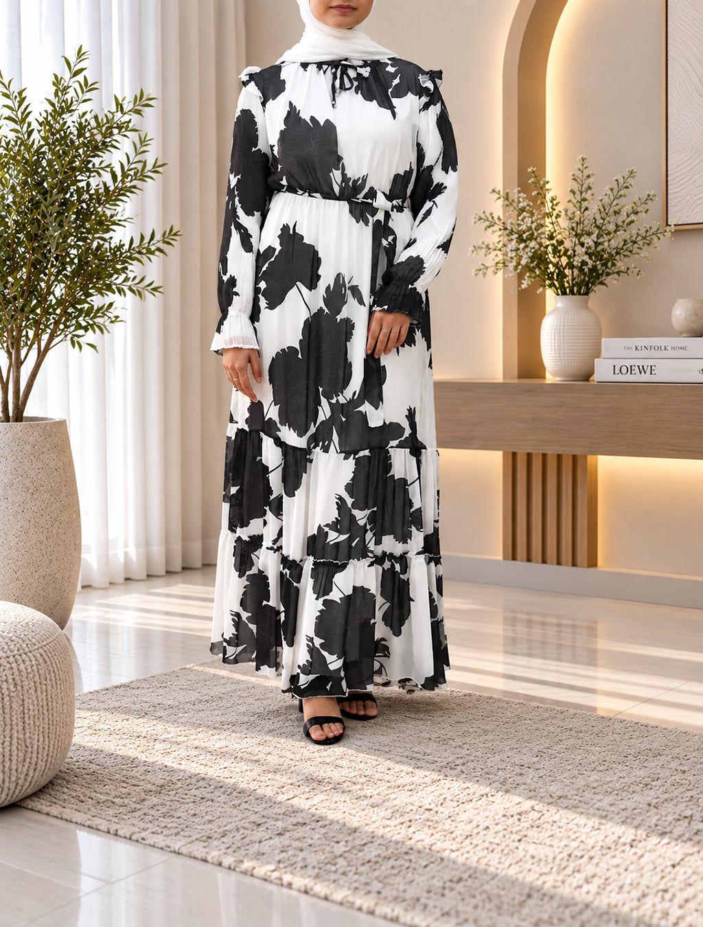 Monochrome Floral Tiered Maxi Dress