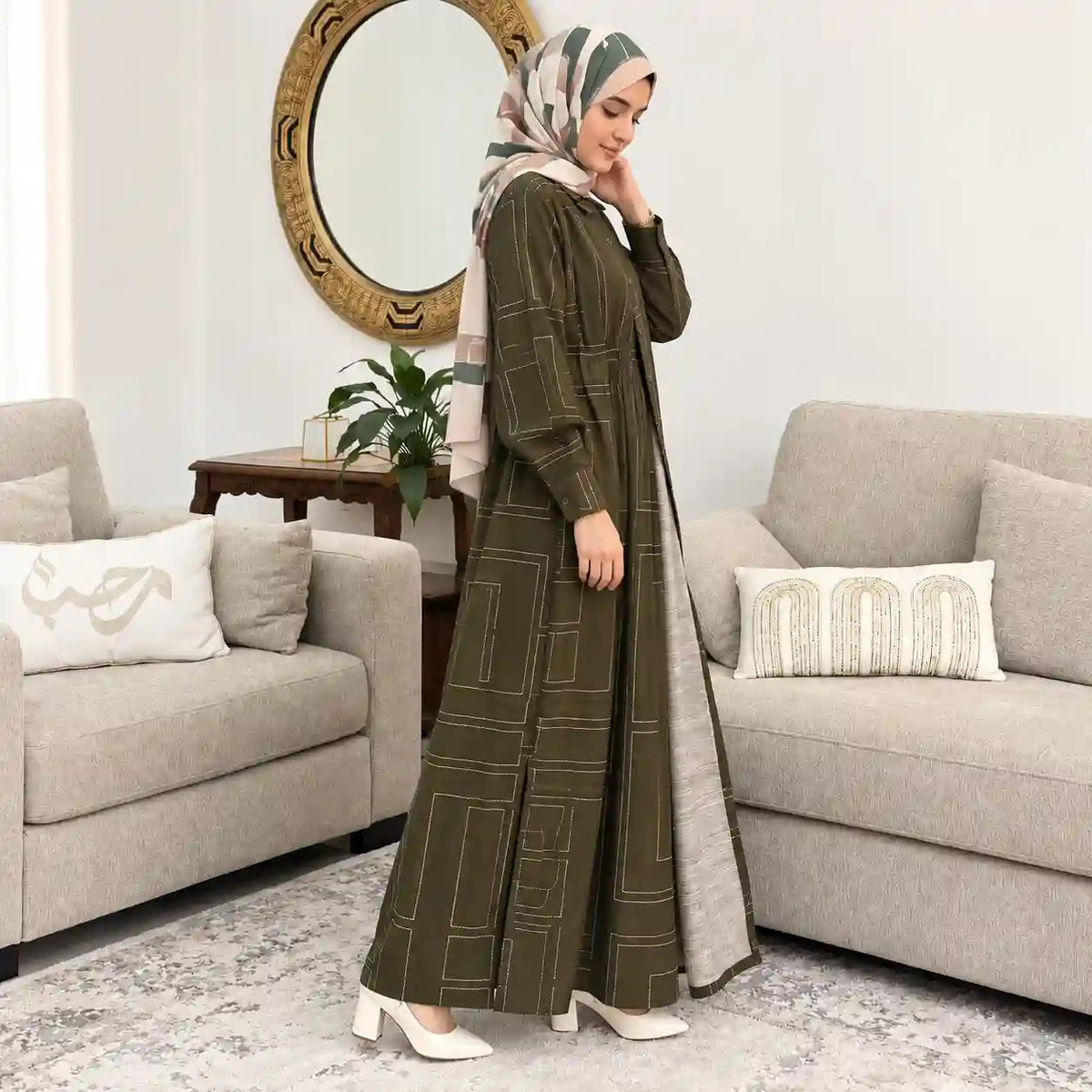 Olive Grace Geometric Abaya