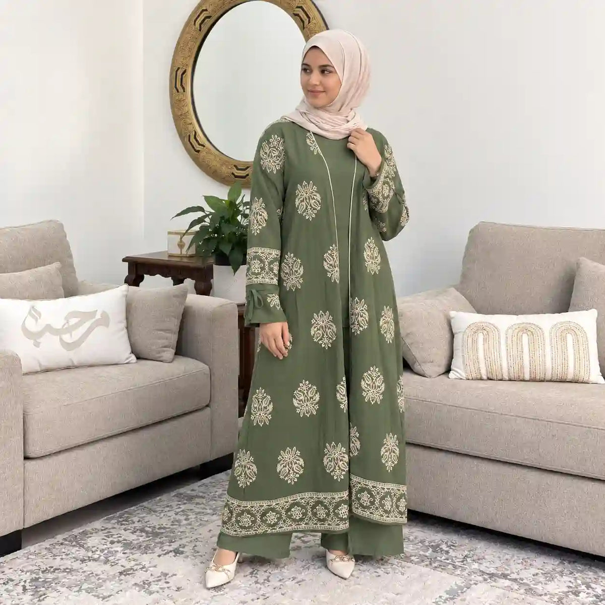 Sage Blossom Embroidered Abaya Set