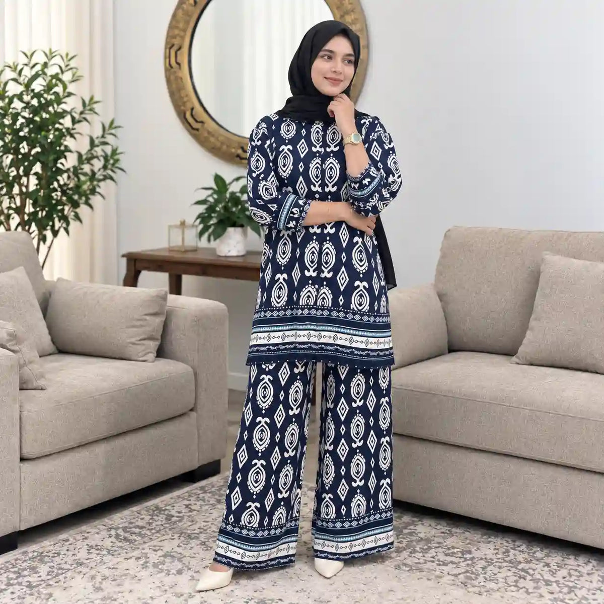 Navy Blue Geometric Print Co-Ord Set
