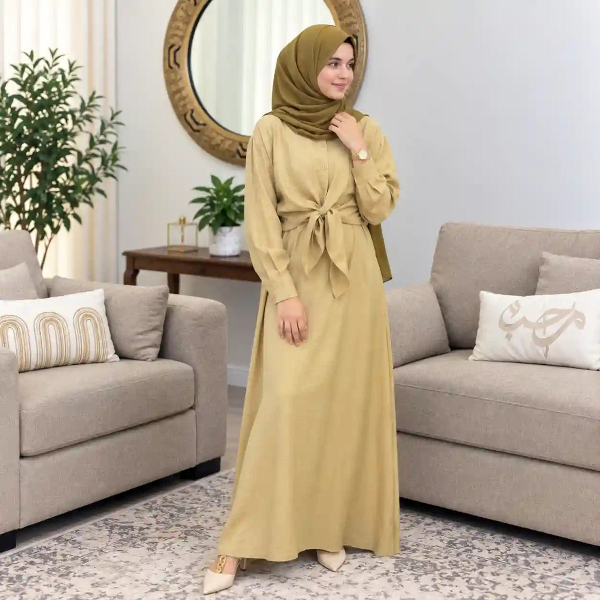 Golden Sand Tie-Waist Modest Maxi Dress