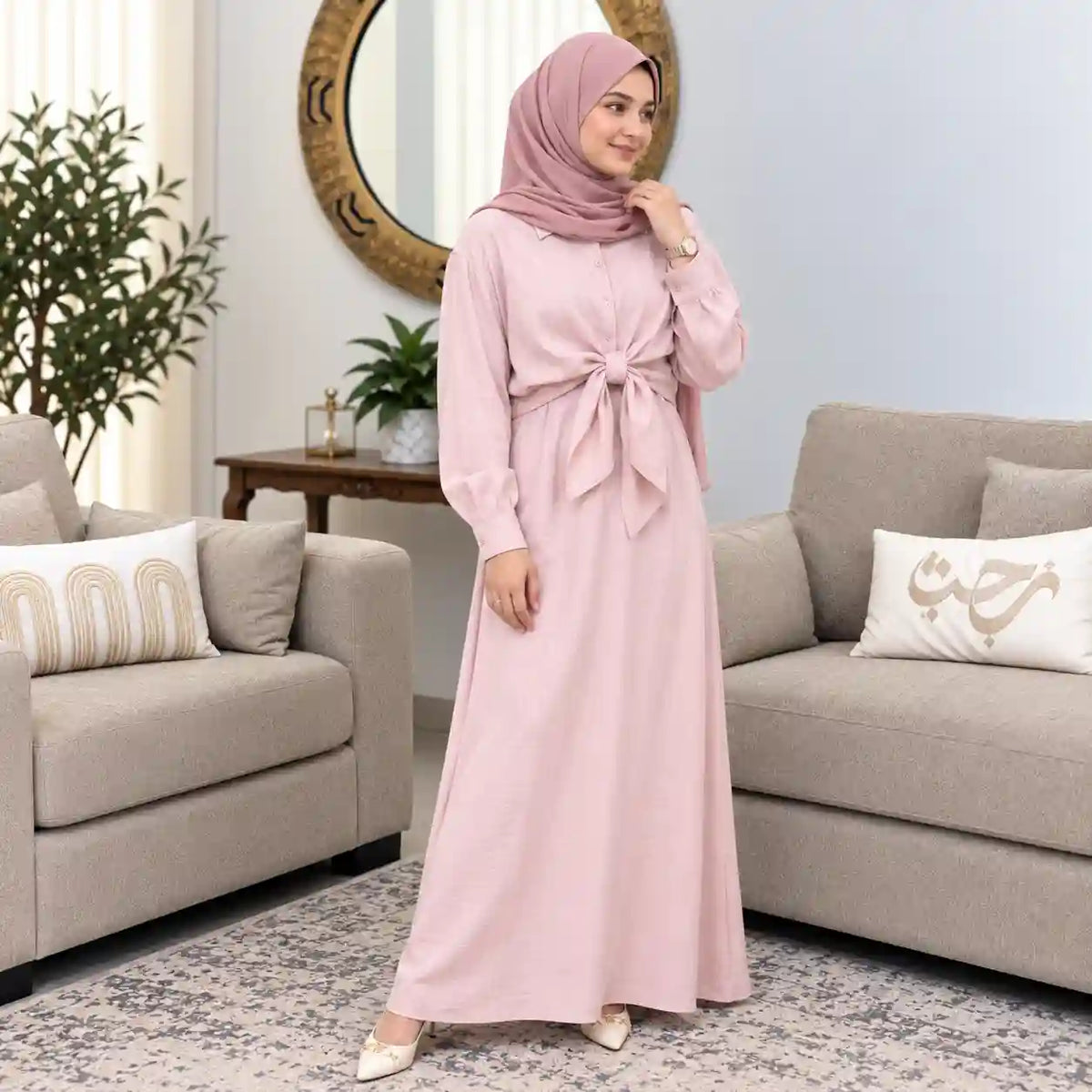 Golden Sand Tie-Waist Modest Maxi Dress