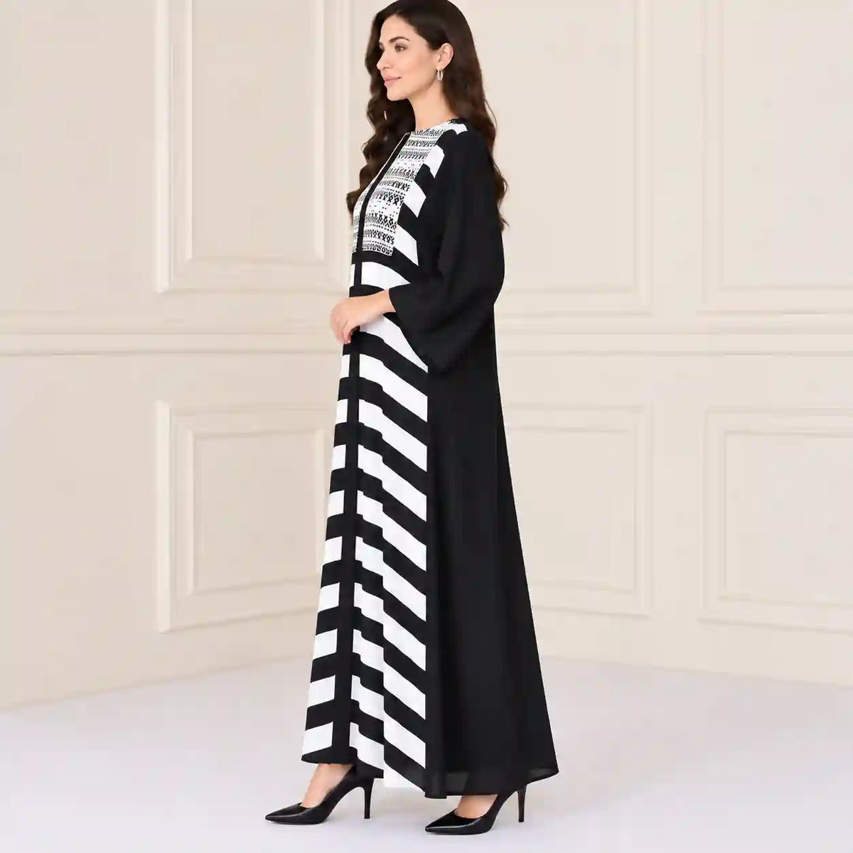 Monochrome Elegance Striped Abaya